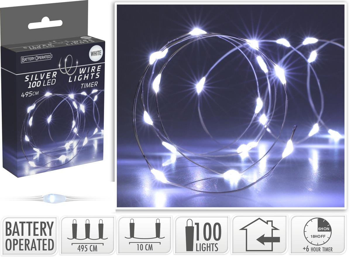 Vianočné LED svetlá 100 LED studené biele – batérie, časovač, strieborný drôt