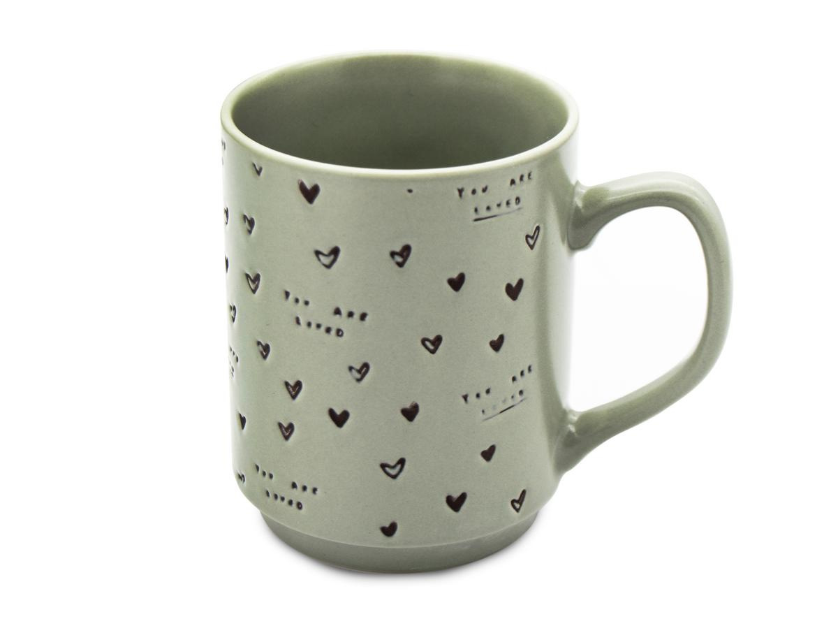 Hrnček porcelánový 340ml, zelený, dekor srdiečka
