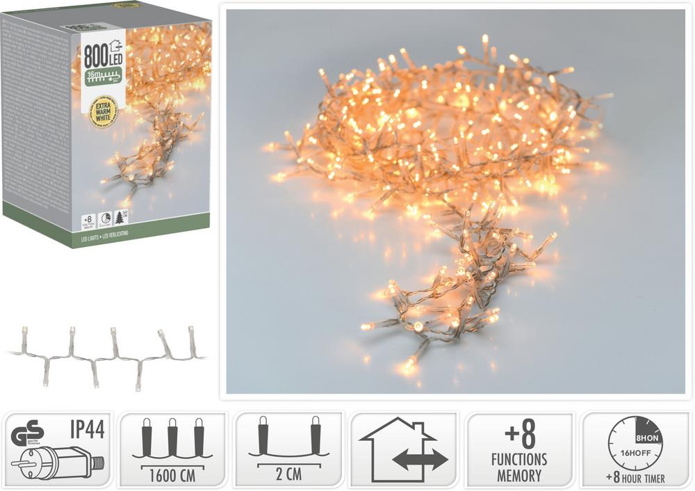 Svetlo vianočné 800 LED extra teplé biele, transparent, 16 m, s funkciami, na 240 cm stromček, s čas