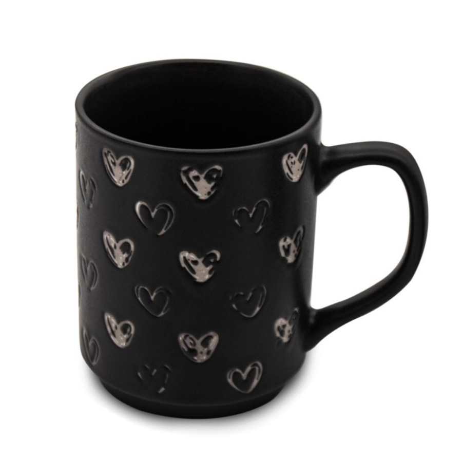 Hrnček porcelánový 340ml, čierny, dekor srdiečka