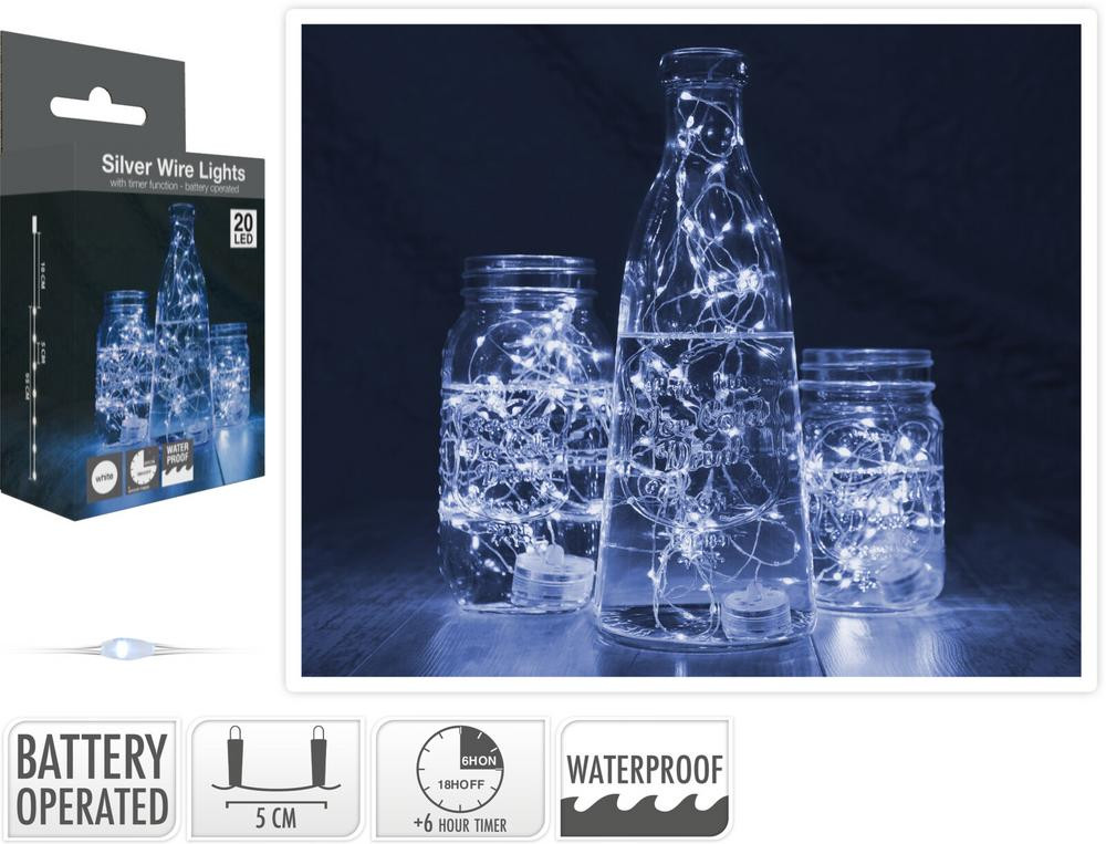 Mikro LED svetlá 20 LED – studená biela, vodeodolné, batérie CR2032, časovač