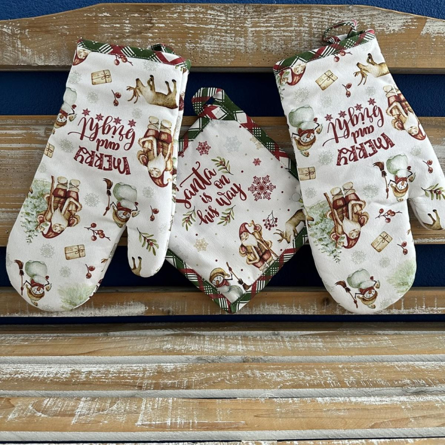 Chňapka 2ks a podložka 1 ks kuchynská, Vianoce SNEHULIAKOVO biela