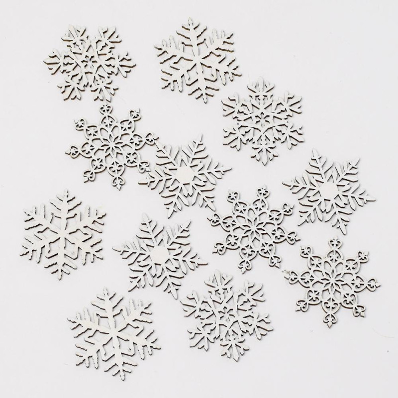 Dekorácia vločka 4,5x0,3x4,5 cm mix sada 12 ks drevo biela