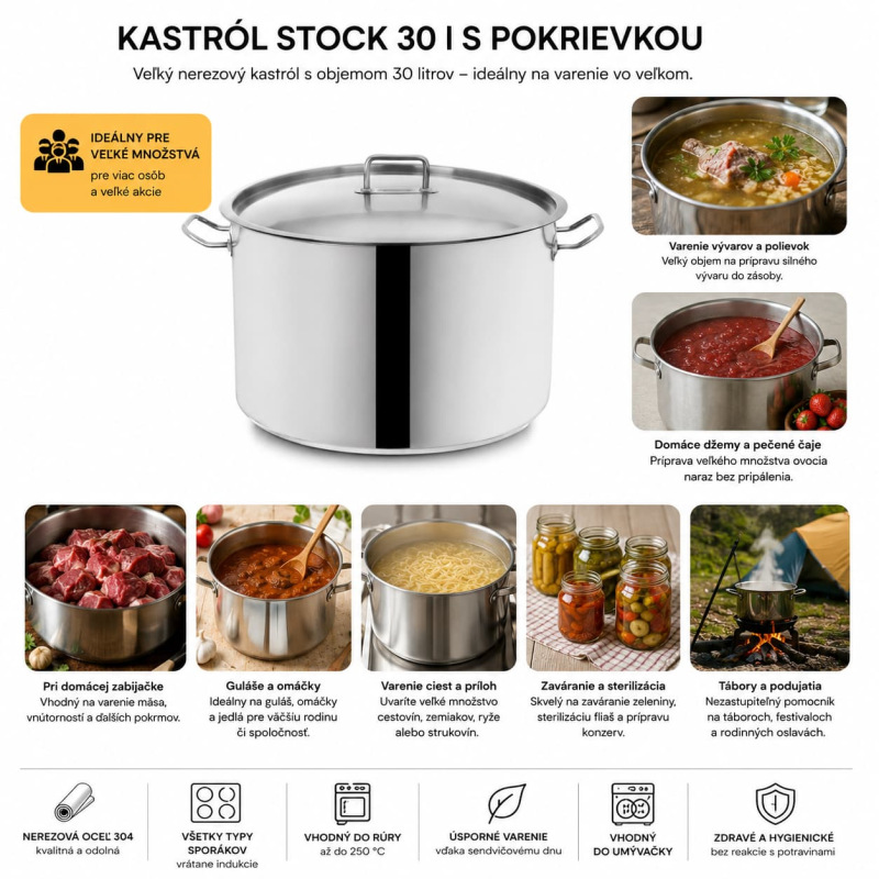 Nerezový kastról STOCK 30 l s pokrievkou – Ø 40 cm, indukcia 1