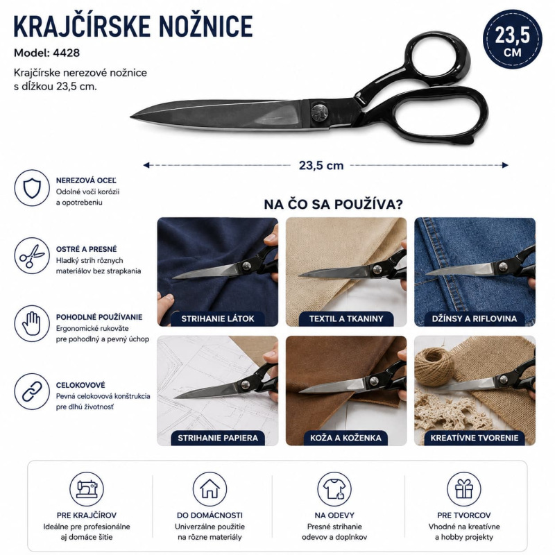 Krajčírske nožnice 4428 celokovové 23,5 cm – nerezové na látku a textil 3