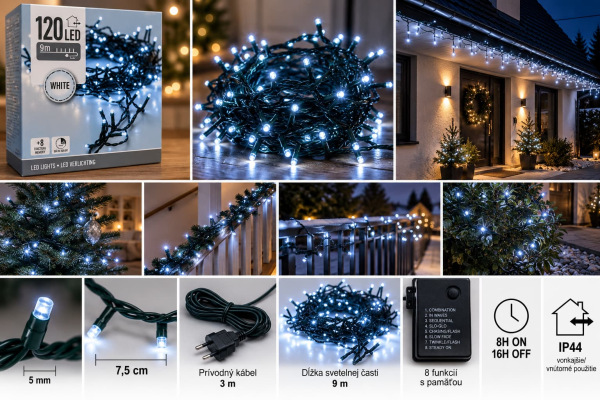 Vianočná svetelná reťaz 120 LED / studená biela / 9 m / časovač / IP44 1