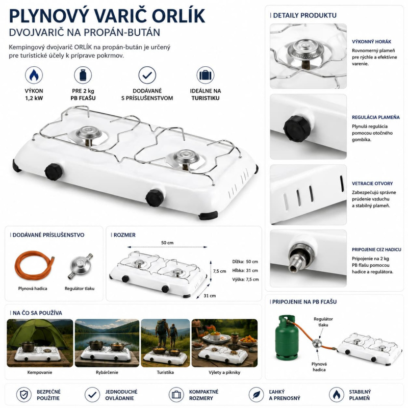Dvojitý plynový varič ORLÍK 1,2 kW – na 2 kg PB fľašu 1