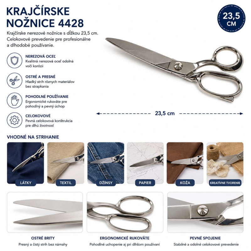 Krajčírske nožnice 4428 celokovové 23,5 cm – nerezové na látku a textil 1