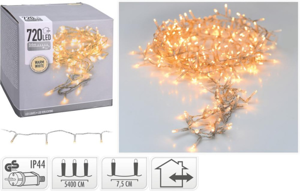 Svetlo vianočné 720 LED teplé biele, transparentný kábel, 54 m, vonkajčie/vnútorné