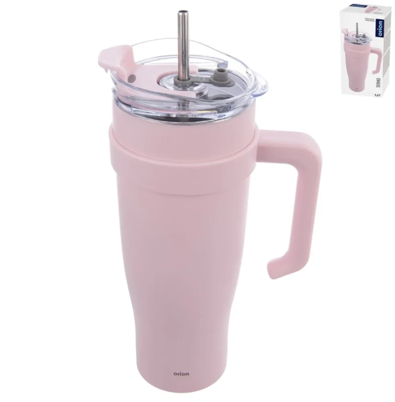 Hrnček TERMO pohár nerez/UH+slamka 1,2 l ružová 1