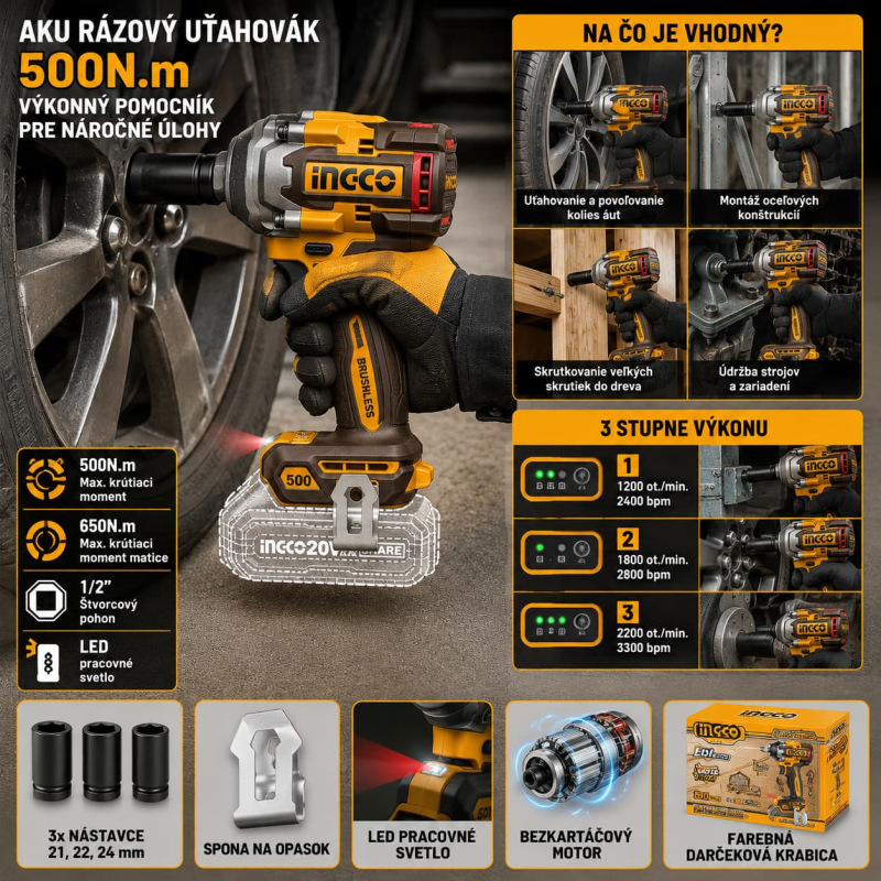 AKU rázový uťahovák INGCO CIWLI20501 20 V – 500 Nm, 1/2", bez batérie 1