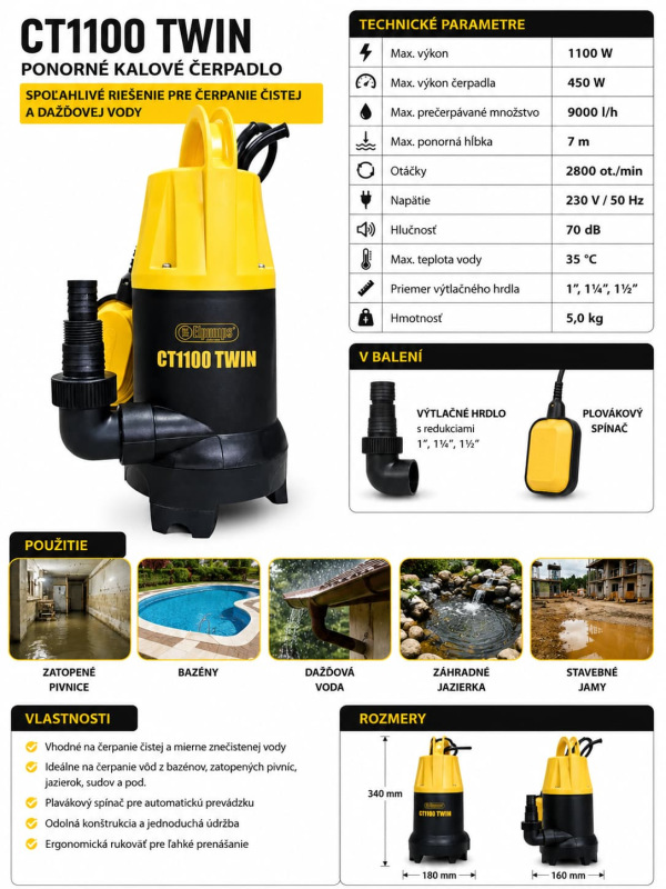Ponorné kalové čerpadlo 1100 W – 9000 l/h, ponor 7 m, 230 V 1