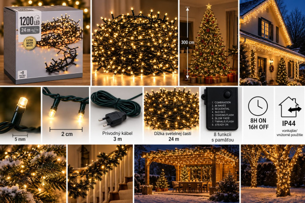 Vianočná svetelná reťaz 1200 LED / extra teplá biela / 24 m / časovač / IP44 1