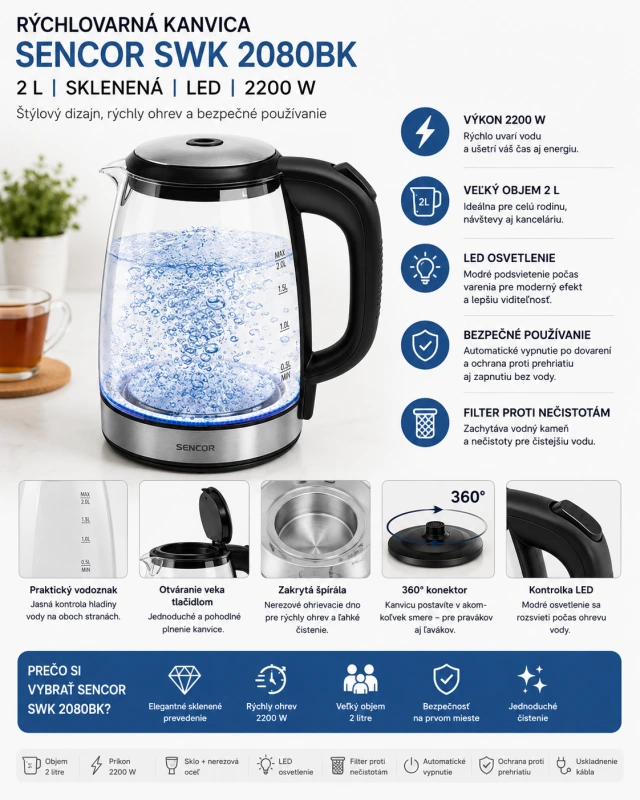 Rýchlovarná kanvica SENCOR SWK 2080BK 2 l sklenená LED 2200 W 1