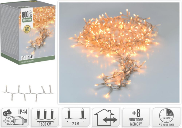 Svetlo vianočné 800 LED extra teplé biele, transparent, 16 m, s funkciami, na 240 cm stromček, s čas