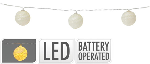 Vianočná svetelná reťaz guličky – 10 LED, biele, batérie, 1.8 m