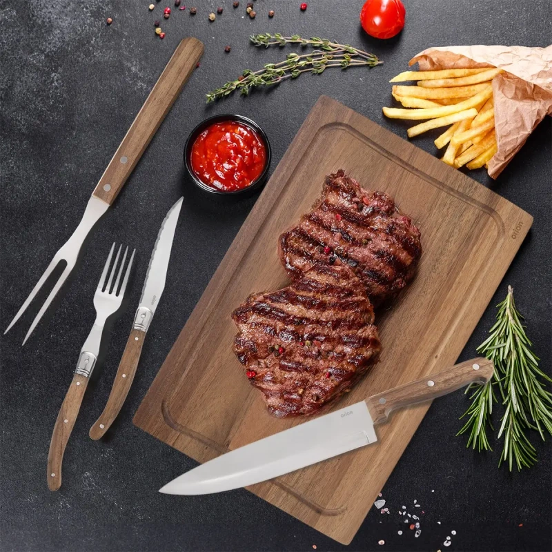 Steaková sada 15 dielov – 6 nožov, 6 vidličiek, porcovací príbor a akáciová doska 4