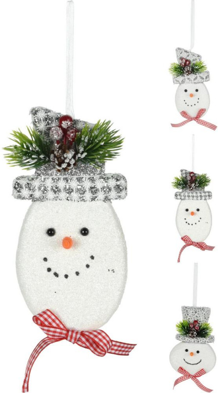 Ozdoba závesná snehuliak 15 cm polyfoam/polyester strieborný mix