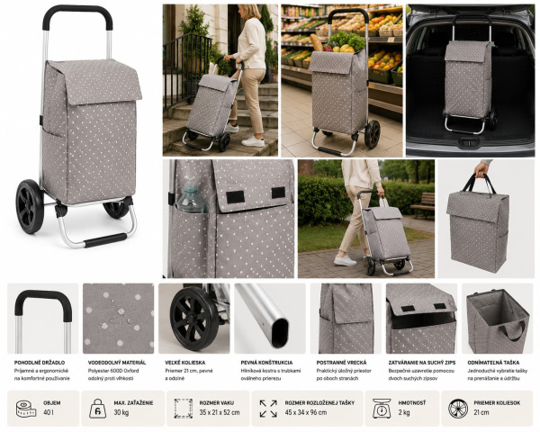 Nákupná taška na kolieskach VIENA KLC 40 l sivá – nosnosť 30 kg, 21 cm kolesá 1
