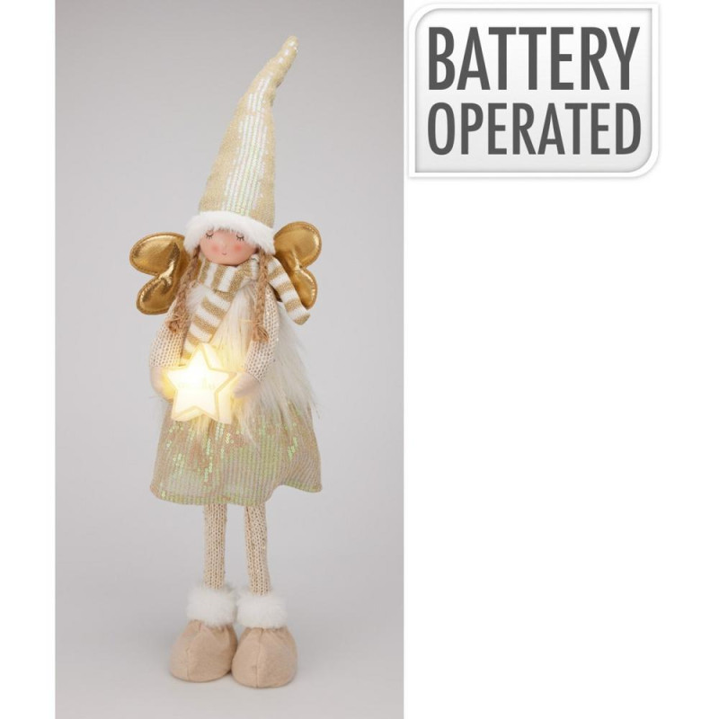 Postavička anjel s hviezdou stojaci LED 67 cm polyester bielo-zlatý