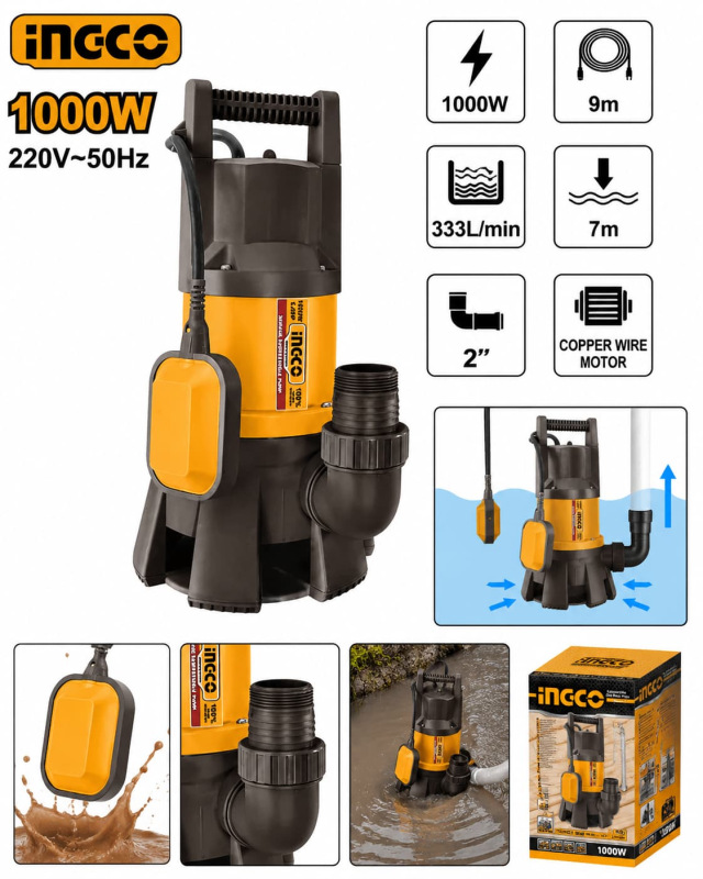 Kalové čerpadlo INGCO SPD10001 1000 W – 333 l/min, hĺbka 7 m, plavák, 2" 1