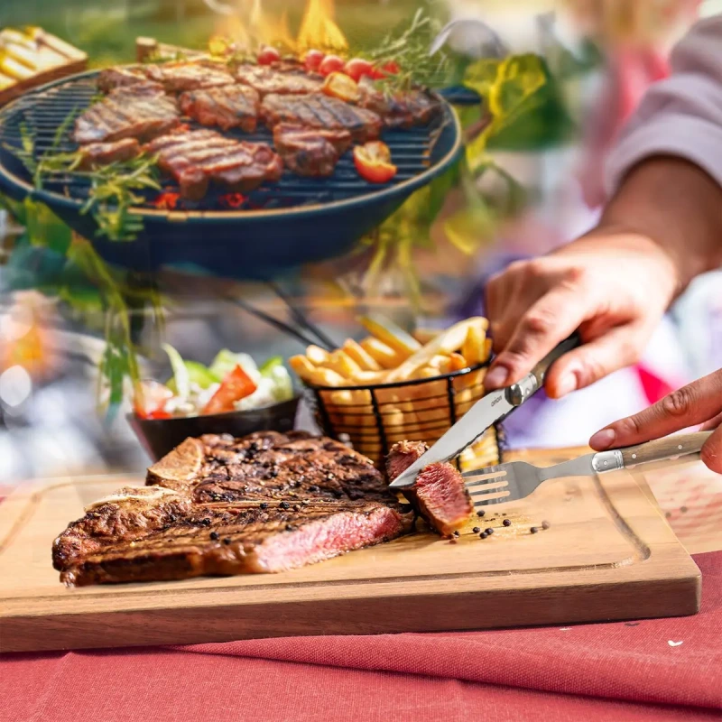 Steaková sada 15 dielov – 6 nožov, 6 vidličiek, porcovací príbor a akáciová doska 3