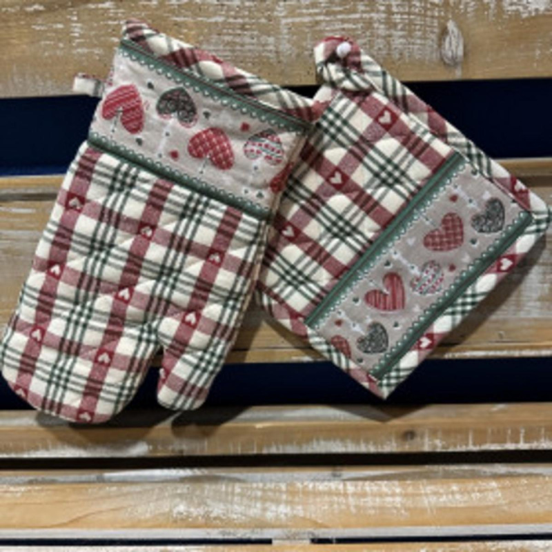 Chňapka a podložka kuchynská, Srdiečka, červeno-zelená