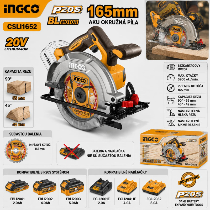 AKU okružná píla INGCO CSLI1652 20 V P20S – 165 mm, bezuhlíková, bez batérie 1