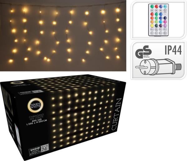 Vianočný LED záves 400 LED – teplá biela, diaľkové ovládanie, vonkajšie/vnútorné, IP44