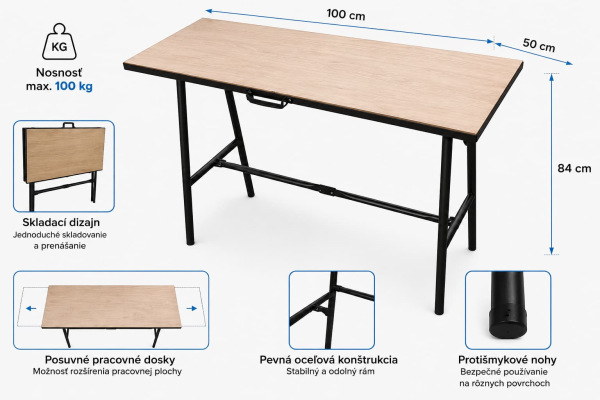 Skladací pracovný stôl 100 × 50 × 84 cm – posuvné dosky, nosnosť 100 kg 1