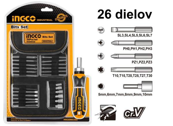 Skrutkovač račňa + bity sada 26ks INGCO KLC
