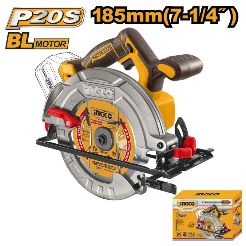 Píla okružná bezkartáčová 185mm Lítium-Iónová CSLI1851 INGCO AKU 20V P20S bez akumulatora a nab.