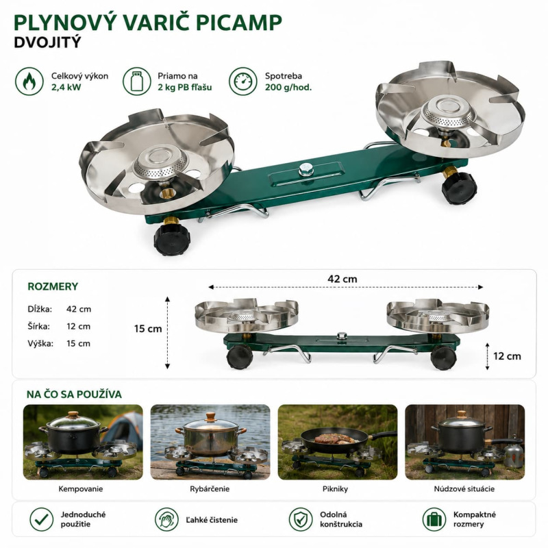 Dvojitý plynový varič PICAMP 2,4 kW – na 2 kg PB fľašu 1
