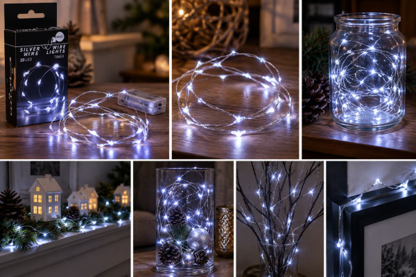 Vianočná svetelná reťaz 20 LED / studená biela / strieborný drôt / na batérie / časovač 1