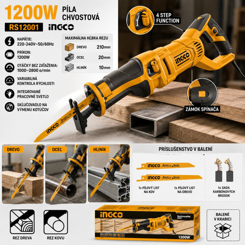 Chvostová píla INGCO RS12001 1200 W – 1000–2800 ot./min, rez dreva 210 mm 1