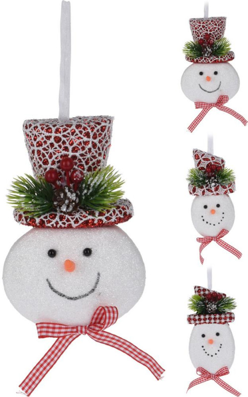Ozdoba závesná snehuliak 15 cm polyfoam/polyester červeno-biely mix