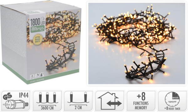Svetlo vianočné 1800 LED extra teplé biele 36 m, s časovačom, s funkciami, na 360 cm stromček, vonka