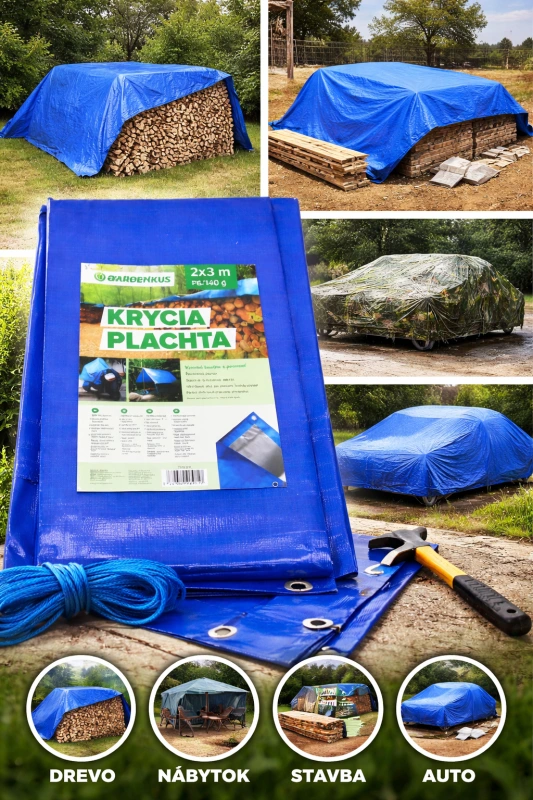 Plachta krycia 2 × 3 m 140 g PE GARDENKUS nepremokavá s okami modrá strieborná 1