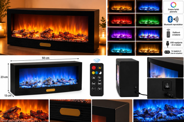 LED dekoratívny krb 50 × 23 × 13 cm / Bluetooth reproduktor / zmena farieb / USB 1