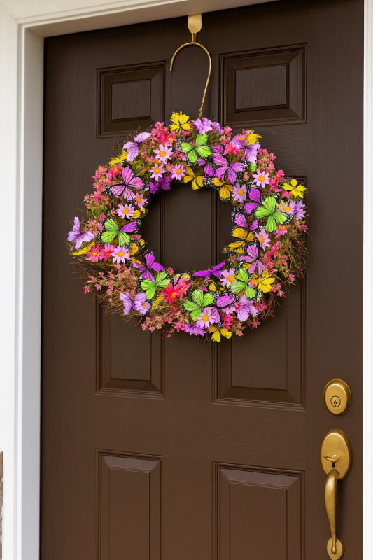 Závesný veniec 55 cm – fialovo-ružový veniec s motýľmi 1