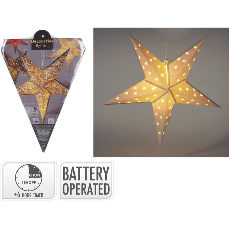 Ozdoba závesná hviezda 10 LED 60 cm papier s časovačom, s funkciami, batérie