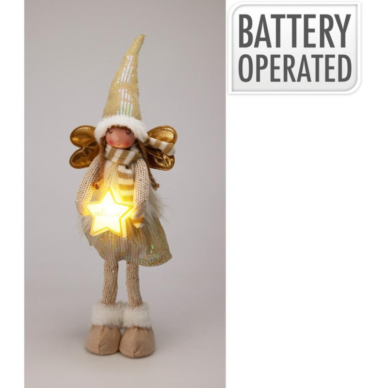 Postavička anjel s hviezdou stojaci LED 55 cm polyester bielo-zlatý