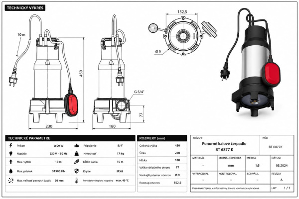 Kalové čerpadlo BT 6877 K 1600 W s rezacími nožmi – výtlak 18 m, nečistoty do 50 mm 3