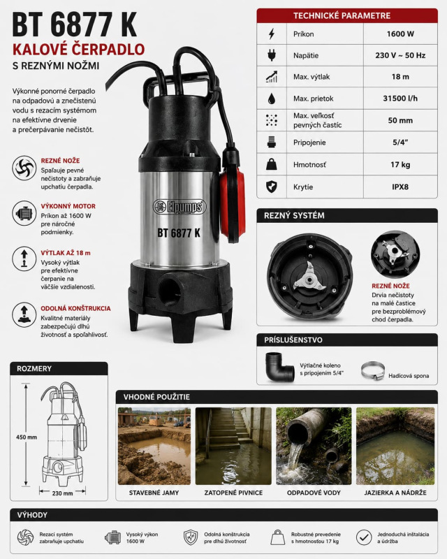 Kalové čerpadlo BT 6877 K 1600 W s rezacími nožmi – výtlak 18 m, nečistoty do 50 mm 1