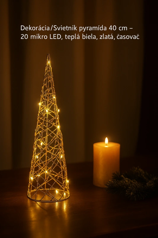 Dekorácia / Svietnik pyramída 40 cm – 20 mikro LED, teplá biela, zlatá, časovač 1