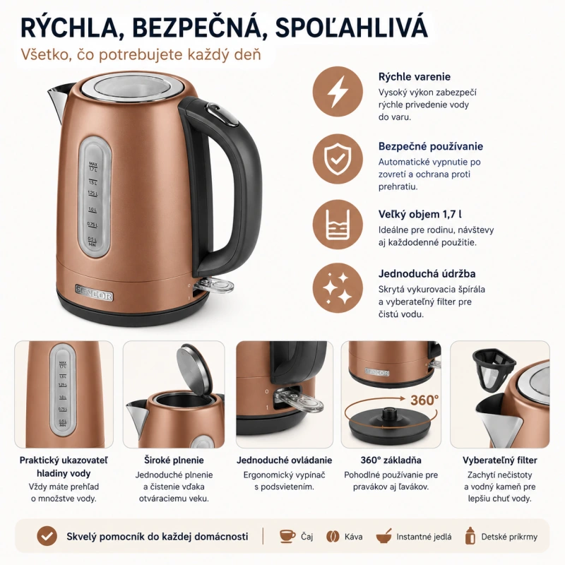 Rýchlovarná kanvica SENCOR SWK 1776 GD 1,7 l 2150 W zlatá 1