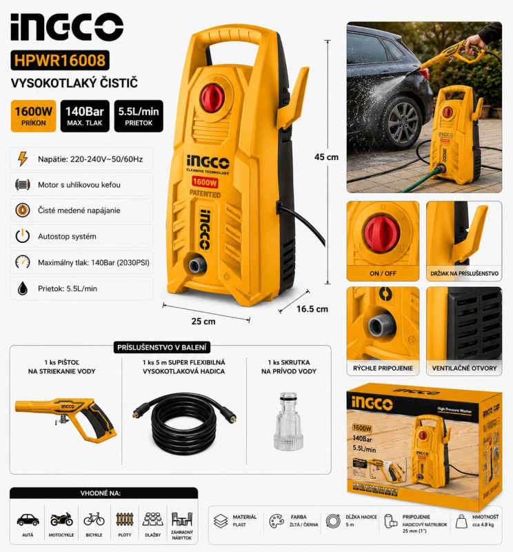 Vysokotlakový čistič INGCO HPWR16008 1600 W – 140 bar, 5,5 l/min 1