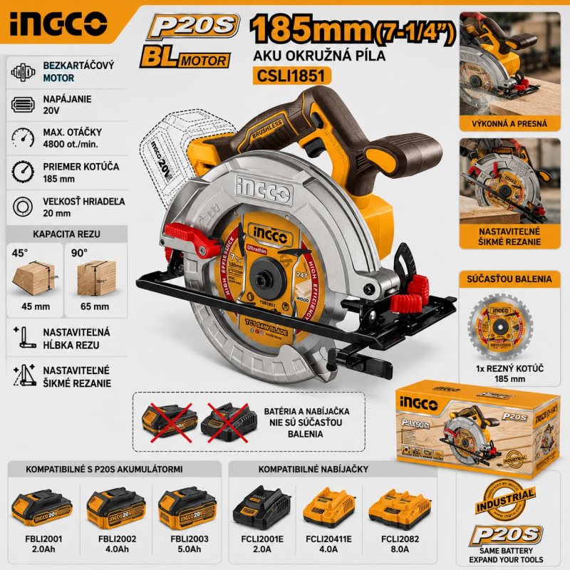 AKU okružná píla INGCO CSLI1851 20 V P20S – 185 mm, bezuhlíková, bez batérie 1