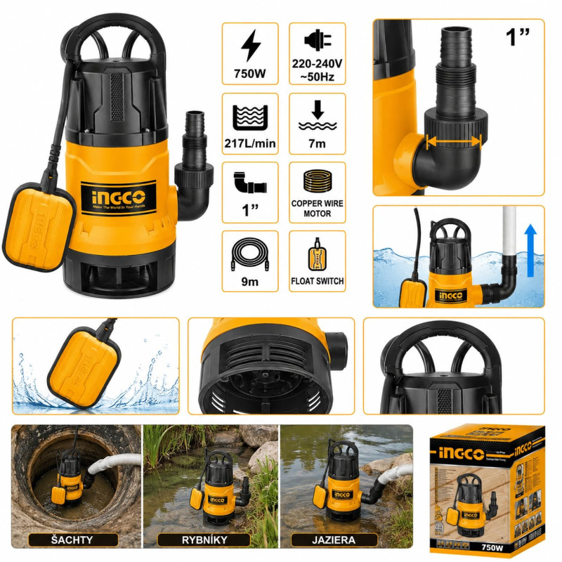Kalové čerpadlo INGCO SPD7508 750 W – 217 l/min, hĺbka 7 m, plavák, 1" 1