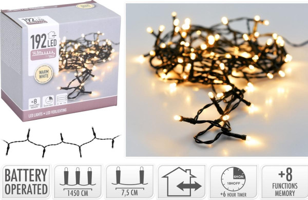 Vianočná LED reťaz 192 LED – teplá biela, 14,5 m, batérie, časovač